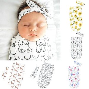 Yeni doğan bebek kundak battaniye yay kafa bandı 2 PCS uyku tulumları sargı çiçek baskılı karikatür uyku çuvalları Noel fotoğrafçılığı pervane 5 stilleri
