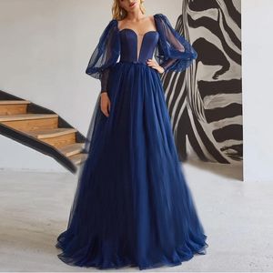 Zarif Bir Çizgi Tül Prenses Basit Gelinlik Modelleri Uzun Kollu Noktalı Tül Tül Sevgiliye Koyu Donanma Mavi Örgün Elbise Abiye giyim