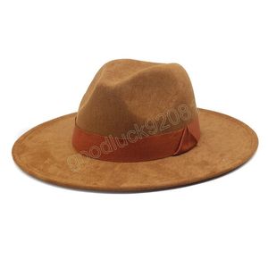 Suede Fedora Hats For Women 8CM Wide Brim Panama Western Cowboy Hat Winter Jazz Church Sombrero Caps