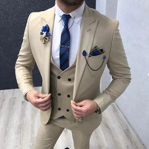 Tailor Made Slim Fit Cream Men Suits 3 Piece for Wedding Peaked Lapel Groom Tuxedos Male Jacket Vest Pants Trajes De Hombre