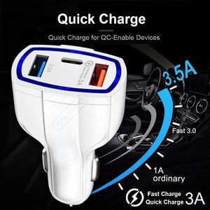 35W 7A 3 Ports Car Charger Type C And USB Charger QC 3.0 With Qualcomm Quick Charge 3.0 Technology For Mobile Phone GPS Power Bank Tablet P with Box