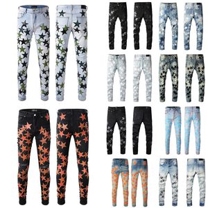 Calças de brim masculinas para homens Rip Slim Fit Skinny Man Calças Laranja Star Patches Vestindo Biker Denim Stretch Cult Stretch Motocicleta Trendy Long Straight Hip Hop com Buraco Azul