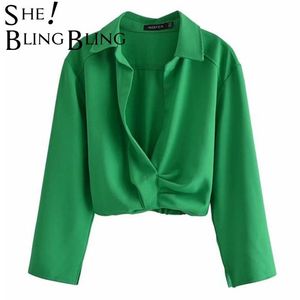 Shiblingsbling Traf Kadınlar Casual Yeşil Bluzlar Derin V Bilek Kol Dantelli Draped Ince Kırpılmış Gömlek Kadın Petites Tops 220407