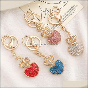 Chaveiros Acessórios de Moda 4 Cores Diamante Amor Para Mulheres Coração Coroa Chaveiro Criativo Pêssego Saco Pingente Dhval
