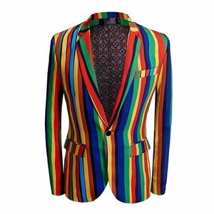 Erkek renkli şerit baskı erkek blazer tasarımı artı boyut 5xl şık gündelik erkek ince fit takım elbise şarkıcı balo palto kıyafeti 201104