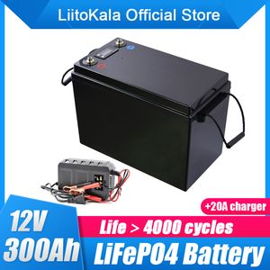 Liitokala 12V 300AH LifePO4 Battery Battery Battery 12.8V RV Campers Водонепроницаемые аккумуляторы для гольф-корзины 4000 циклов бездорожья вне сетки солнечная энергия 150abms 14.6V20A зарядное устройство