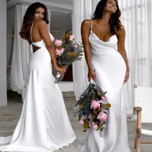 Denizkızı 2022 Beyaz Nedime Elbiseleri Kılıf Spagetti Kayışları Süpürme Tren Hizmetçisi Onur Elbisesi Özel Yapımı Beach Boho Düğün Partisi Resmi Giyim Vestidos