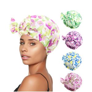 Su geçirmez kadınlar yeniden kullanılabilir duş şapkası elastik yay baskı çiçek banyosu duş banyo kapağı saten saç kaput ipeksi uyku şapkası