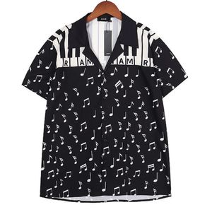Siyah ve Beyaz Piyano Not Desenli Gömlek Erkekler İçin Yüksek Kaliteli Kısa Kollu Girmiş Sosyal Sokak Giyim İş Elbise Gömlek