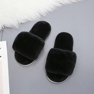 Kış çocukları için en kaliteli düz ev daireleri kız kabarık açık ayak parmağı bebek peluş peluş terlik toddler leopar tüylü terlikler bahar sonbahar kapalı ayakkabılar