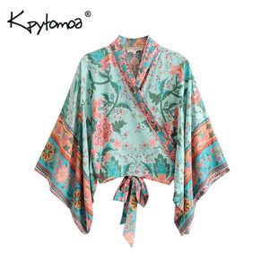 Boho şık yaz kısa üstleri vintage şeftali çiçek baskısı kimono kadın moda batwing kabuklu plaj gömlek bluz mujer