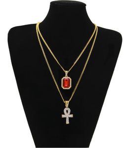 Großhandels-Neuer Designer Ägyptischer Ankh Schlüssel des Lebens Bling Strass Kreuz Anhänger mit rotem Rubin Anhänger Halskette Set Männer Hip Hop