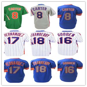 New NY York Vintage Beyzbol Formaları 18 Darryl Strawberry 8 Gary Carter 16 Dwight Gooden 17 Keith Hernandez Dikişli Mavi Gri Yeşil Beyaz Retro Kazak Jersey