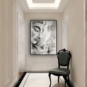 Abstraktes Schwarz-Weiß-Zen-Religion-Buddha-Ölgemälde auf Leinwand, Poster und Druck, Cuadros-Wandkunstbilder für das Wohnzimmer