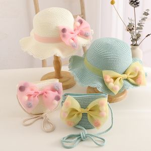 Fashion Baby Hat Summer Straw Bow Baby Girl Cap Beach Children Panama Hat Princess Baby Hats and Bag for Kids 2PC