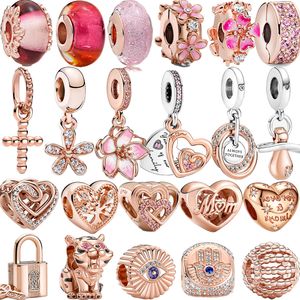 Contas pendentes de prata esterlina 925, ouro rosa, pinha, miçangas de flor de penas, miçangas de ajuste Pandora, pulseira, acessórios para joias faça você mesmo