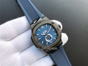 Caijiamin - Erkekler Otomatik Mekanik İzle Mavi Kadran Erkekleri Saatler Siyah Kılıf Kauçuk Kayış İş Gündelik Bilek Swatch