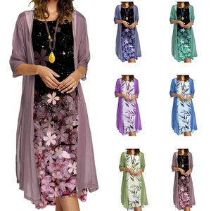 Bayan Elbiseler Yaz kadın Uzun Etek Iki Parçalı Çiçek Yuvarlak Boyun Ceket Kadınlar Seksi V Çiçek Baskı Boho Plaj Elbise Fırfır Kısa Kollu Mini Wrap Sundress Robe