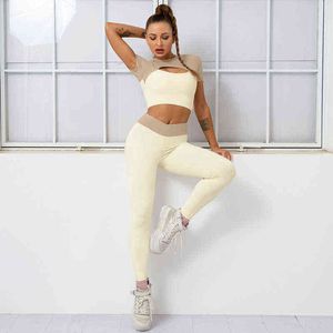 Colorblock moda seksi twopiece bayanlar yoga spor salonu egzersizi pushup kısa kollu spor tozluk pantolon açık koşu fitness j220706