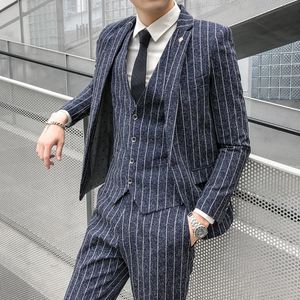 Çizgili Erkek Takım Moda Kore İnce Fit 2Pieces Blazerspant Sıradan Erkek Smokin Düğün Erkekler Takım Damat Takım Mens Business 201106