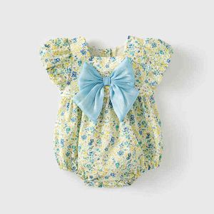 Koki 2022 Bebek Kız Giysileri Mavi Çiçek Pamuk Baskı Çırpılmış Kısa Kollu Yaz Körfezi Sevimli Güzel Tutine Yenidoğan Romper G220510