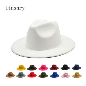 Sonbahar Kış Kadınları Hisset Şapka Fedoras Big Brim Şapkalar Kadınlar İngiliz Tarzı Vintage Church Hats Lady Flat Brim White Caz Kapağı 220506