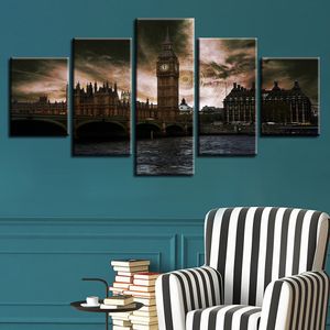 Wall Art Vintage London Clock Tower Pictures 5 штук художественной картины Canvas HD Печать плакаты дома декорно рамки