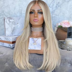 % 180 hafif kökler platin sarışın ipeksi düz insan saç perukları kadınlar için şeffaf dantel ön peruk parlak Brezilya Remy