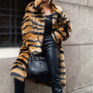 Women's Winter Faux Fur Coat, Luxury Long Fur Coat with Loose Lapel, Thick Warm Plus Size Tiger Print Plush Coat T220716