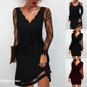 Kadınlar Seksi Elbise Sonbahar Zarif Dantel Uzun Kollu Mesh Patchwork Es V Boyun Sequins Party Office Lady Bodycon 220521