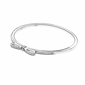 Köpüklü Bow Bangle Bileklik Otantik 925 STERLING Gümüş CZ Elmas Kadın Kızlar Düğün Hediyesi Pandora Bilezikler için Orijinal Kutu