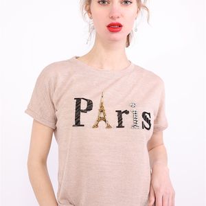 Yaz Gevşek Kore Giysileri T-shirt Moda Eyfel Kulesi Boncuk Kadınlar Kısa Kollu Dip Gömlek Tees Casual T02202 220321