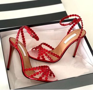 Роскошная бренда летняя текила Plexi Sandal 105 -мм обувь для ботинки ботинки хрустальные украшения хрустальные украшения невесты свадебная вечеринка леди сексуальные высокие каблуки