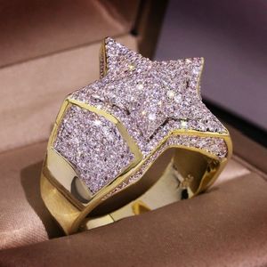 Anéis de ouro masculinos gelados com pedras de estrela de cinco pontas anéis joias de anel de hip hop