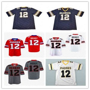 Xflsp erkekler vintage tom brady #12 lise futbol forması jersey junipero serra keçi sticthed gömlek lacivert kırmızı beyaz karışım sipariş