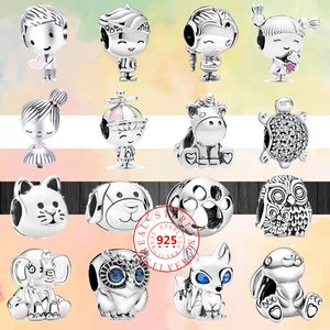 925-Armband-Charms für Pandora-Charm-Set, Originalverpackung, niedlicher Cartoon-Junge, Mädchen, Pfotenabdruck, Eule, Fuchs, Welpe, Tier, europäische Perlenkette, Charms-Schmuck