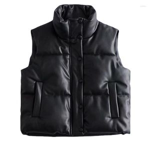 Women's Vests 2022 Women Black Warm Faux Leather Vest Coat Casual Zipper Sleeveless Jacket Female Short Cotton Outwear
