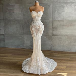 Elegant Mermaid Wedding Dress Sleeveless Sweetheart Strapless Backless Hollow Appliques Sequins Floor Length Bridal Gowns Custom Made Vestido de novia