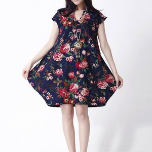 Yeni yaz kadın moda tarzı gevşek elbiseler v yaka kısa kollu çiçekler baskı düğmeleri bayanlar için pamuk keten gündelik elbise