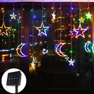 Строки рождественские украшения солнечные светодиодные занавесные светильники со звездами луны Dimmable 8 режимов освещения таймер Twinkle String Lightled
