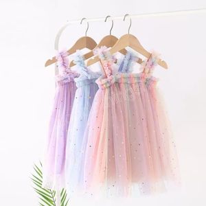 Kleid für Babys und kleine Mädchen, Pink, Stern, Regenbogen, modisch, Mesh, Kleinkind, Prinzessin, nackt, hochwertiges Geburtstagsoutfit, Party, glitzerndes Tutu, Sommer, A-Linie, Hosenträger