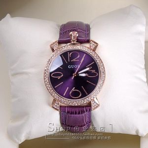 Нарученные часы фиолетовый розовый золото женщины с полным страном часы Ladies Подличная кожаная группа Quartz Знаменитые наручные часы.