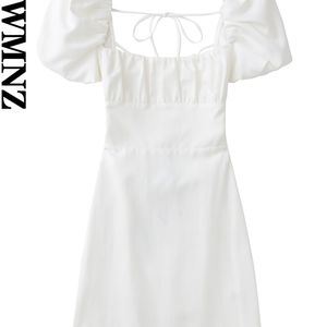 Xnwmnz kadınlar beyaz moda keten karışımı elbise kadın kare boyun kısa puflu kolları sırtsız geçiş kayışları kadınlar için s 220629