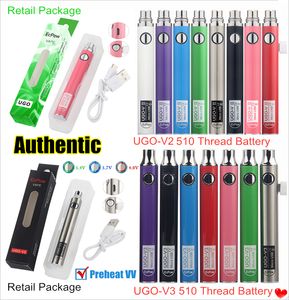 Otantik UGO-V II 2 510 İplik Vape Pen UGO V3 Ön Isıtma Pil Kitleri Değişken Voltaj Evod VV Ego T Mikro USB Geçiş Kartuşu Elektronik Sigara Perakende Kutusu