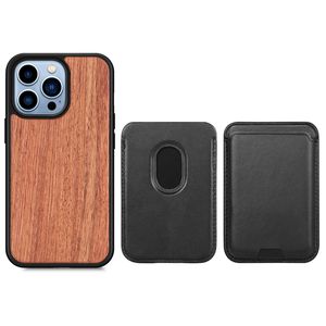 Casos de couro de bolso de cartão para iPhone 14 Plus 13 12 Pro Max mini 11 xr xs x 8 7 6 Real madeira de madeira de madeira bambu palisander walnut hard tpu magnet tampa traseira da tampa traseira