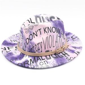 Новые Tie-Dye Trilby Женщины Мужчины Вечеринка Письмо Печать Федора Шляпа со сливочным поясом Пряжка Панама Джаз Топ Шляпа Женские Церковные Шляпы