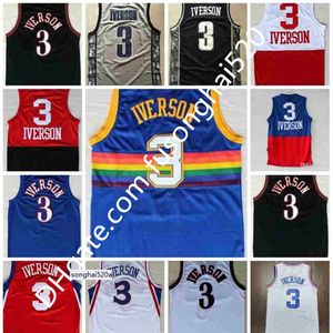 Toptan Ucuz Erkekler #3 Allen Iverson Jersey% 100 Dikişli Geri Atma Logosu Basketbol Formaları Kırmızı Beyaz Gömlek Hızlı SH Formalar