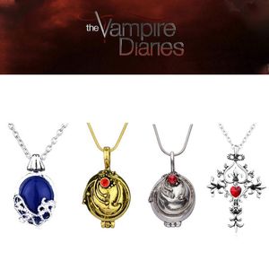 Kolye Kolyeler Vampire Diaries Kolye Katherine Vintage Çapraz Penişli Bronz Rhinestone Moda Film Cosplay Jewelry Hediye Hediye