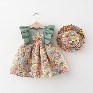 Baby Girls Floral Printed Princess Dresses With Hats Kids Summer Suspender Dress Cute Girl Skirts 2 Colors