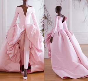 Pink Ashi Studio Princess Jumpsuit Prom Dresses with Ruffles Overskirt 2022 Long Sleeve Stain V-neck Arabic Dubai Outfit Evening Gown Pant Suit